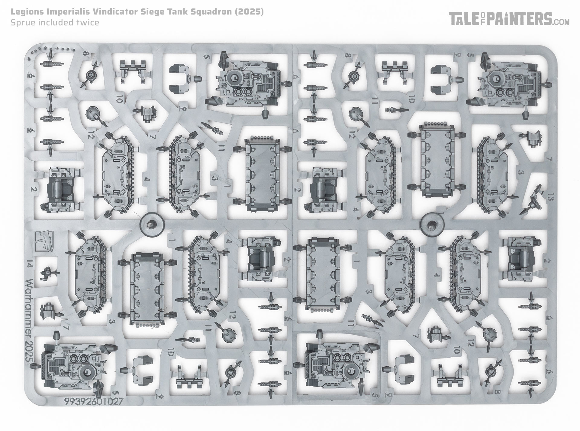 Legions Imperialis Vindicator Siege Tank Squadron sprue on a clean white background, part of a model kit review