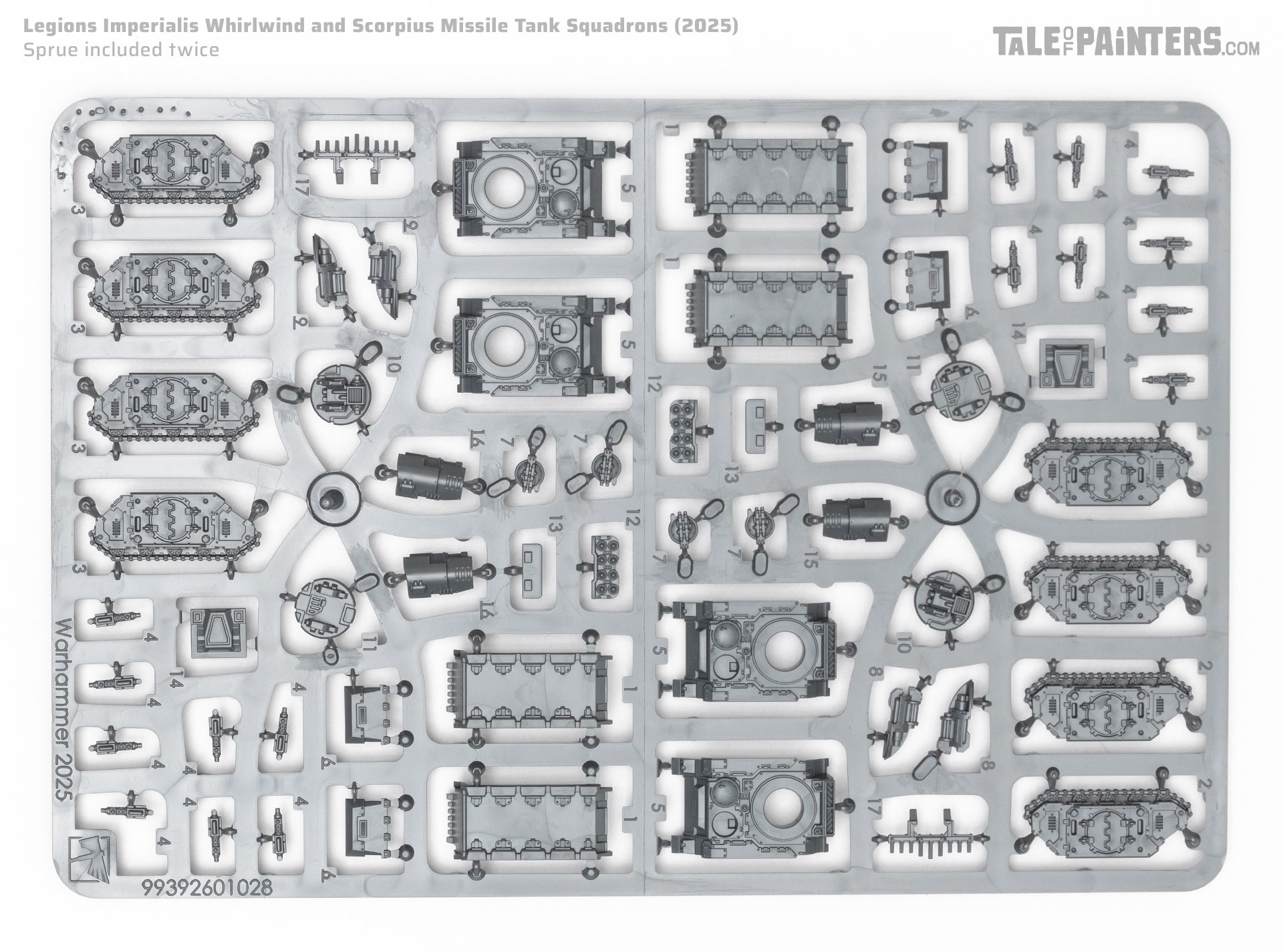 Legions Imperialis Whirlwind and Scorpius Missile Tank Squadrons sprue on a clean white background, part of a model kit review