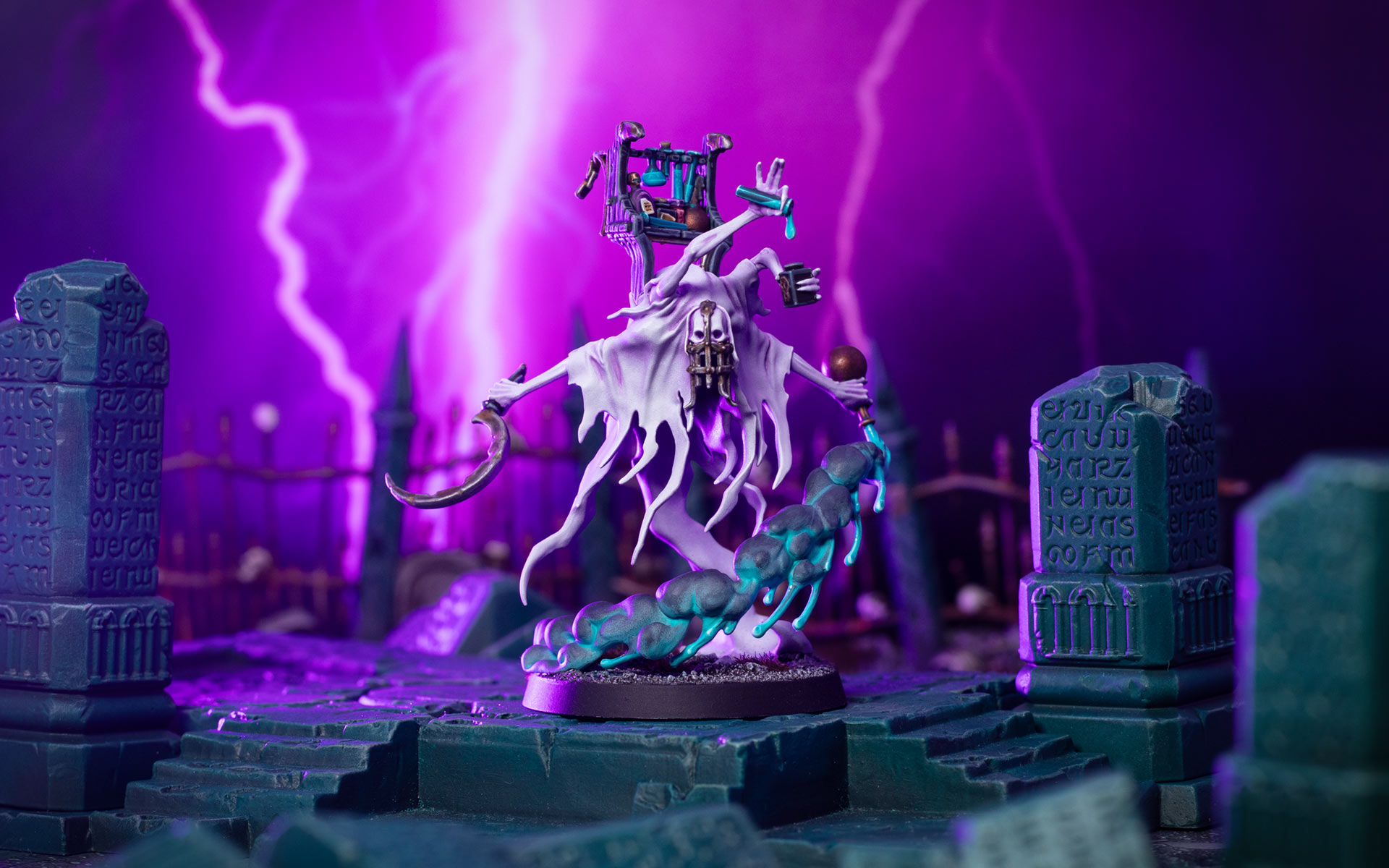 A cinematic shot of a Nighthaunt Lord Vitriolic model painted by stahly, framed by dark green broken temple masonry, in front of a dramatic purple sky with lighting bolts