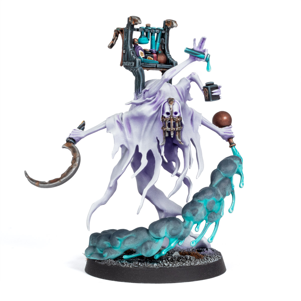 A Nighthaunt Lord Vitriolic model, painted in a purple grey-white by Stahly, on a white background