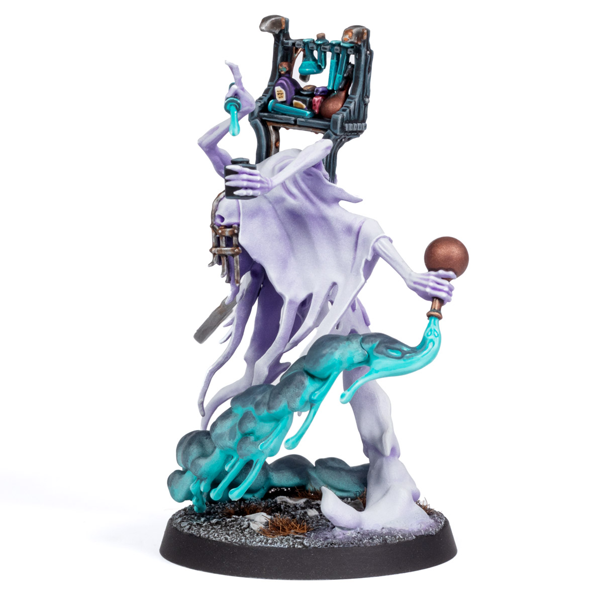 Left side angle of a Nighthaunt Lord Vitriolic model, painted in a purple grey-white by Stahly, on a white background