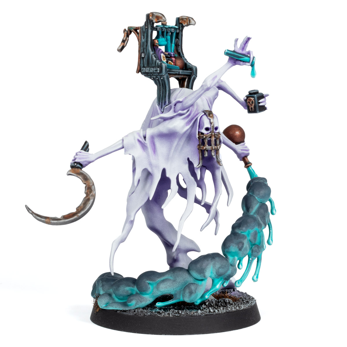 Front side angle of a Nighthaunt Lord Vitriolic model, painted in a purple grey-white by Stahly, on a white background