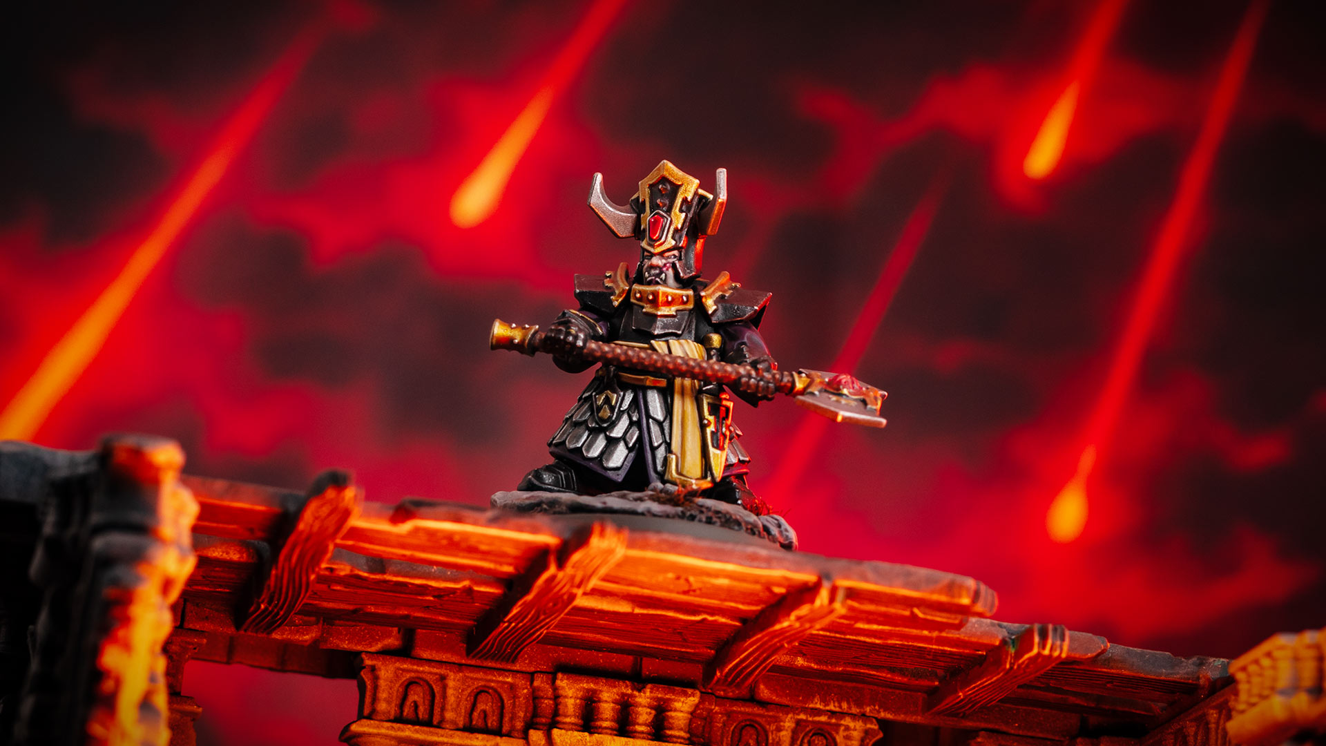 Cinematic shot of a Helsmiths of Hashut Infernal Cohort Championess from Muspelzhaar, standing atop a ruined building, heroic low angle view, in front of a dramatic red sky