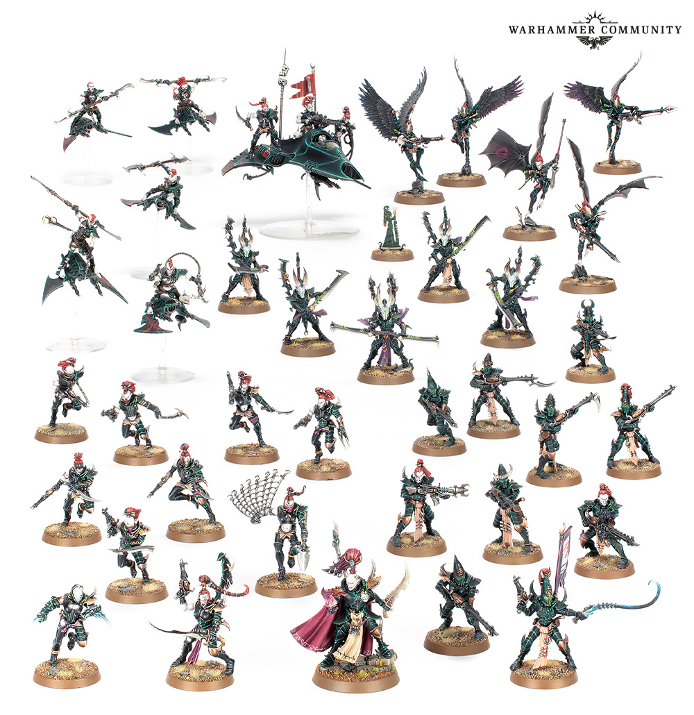 Drukhari Realspace Raiders battleforce contents arranged on a white background