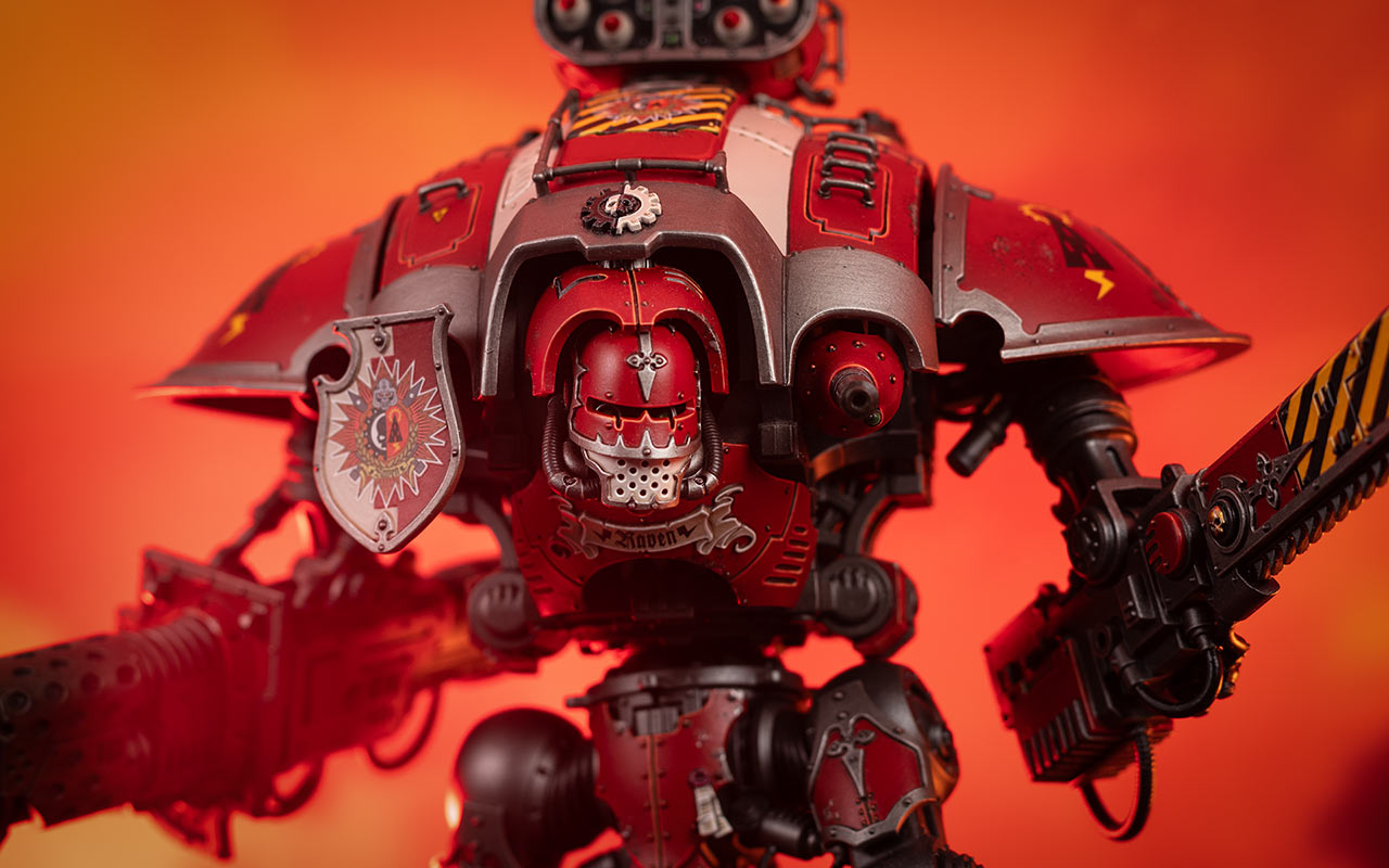 Cinematic close up shot of a House Raven Imperial Knight Errant painted by Stahly, in front of an orange glowing background