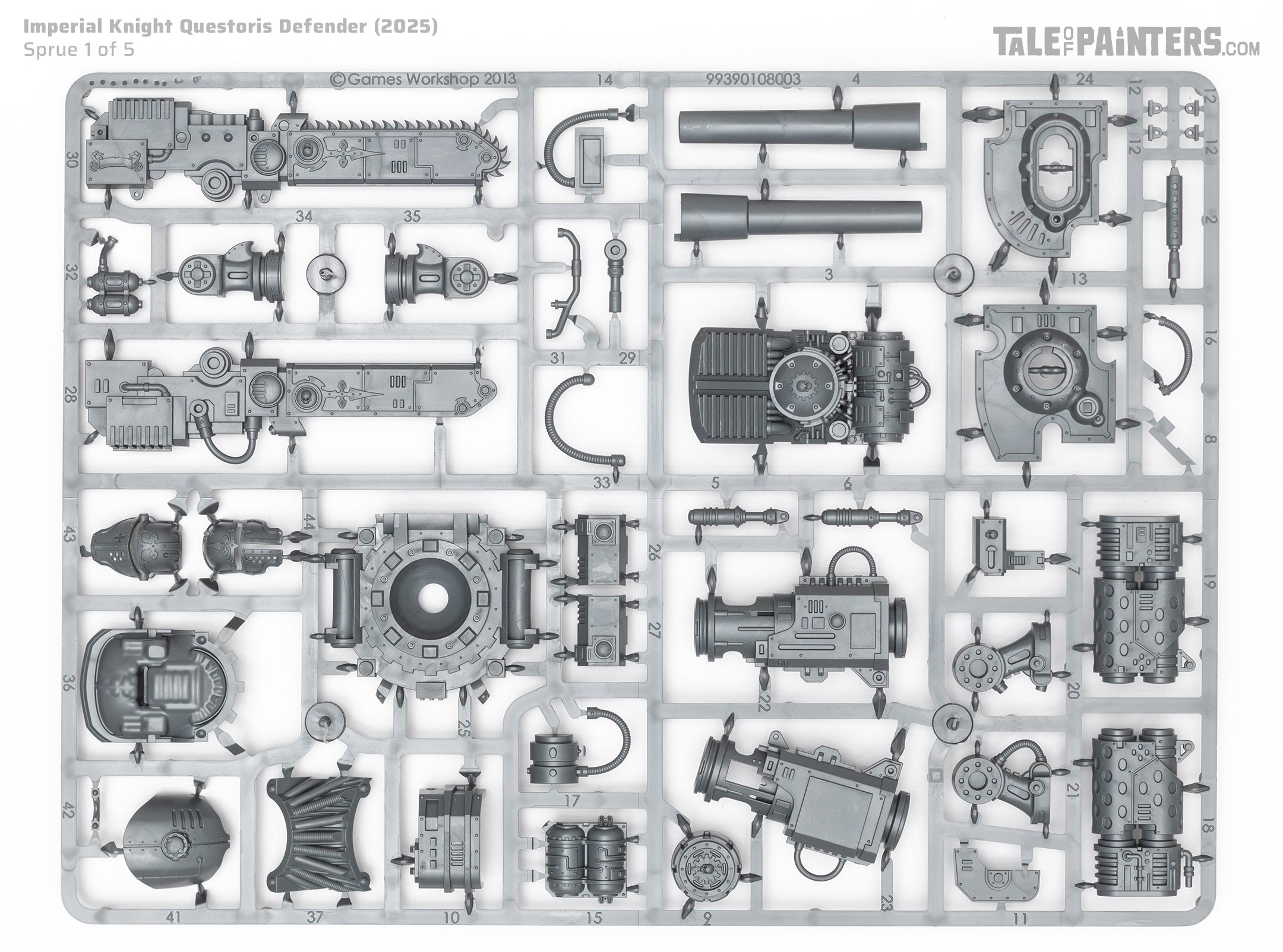 Plastic sprue 1 of 5 of the 2025 Imperial Knights Questoris Defender kit for Warhammer 40.000, on a white background
