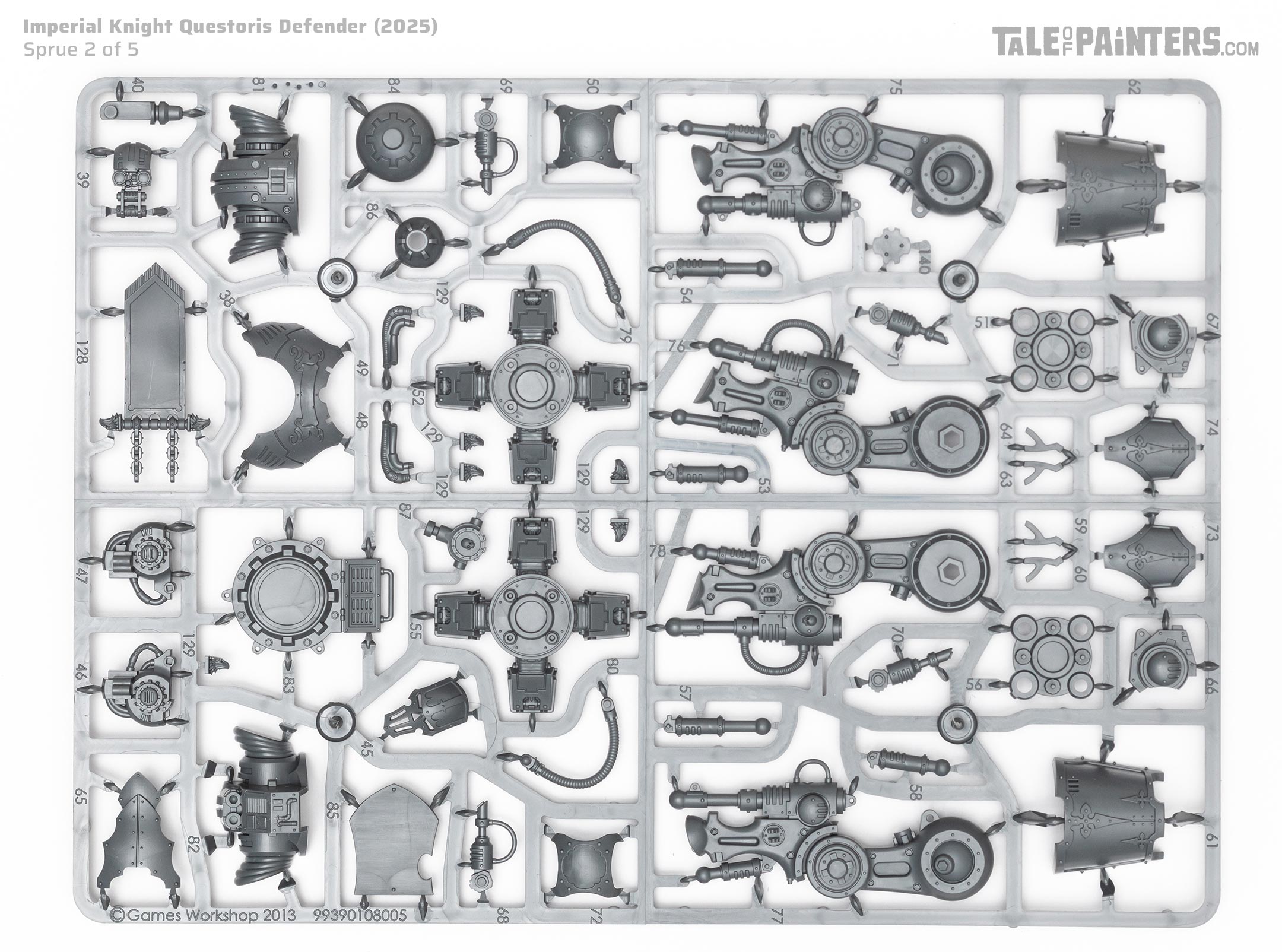 Plastic sprue 2 of 5 of the 2025 Imperial Knights Questoris Defender kit for Warhammer 40.000, on a white background