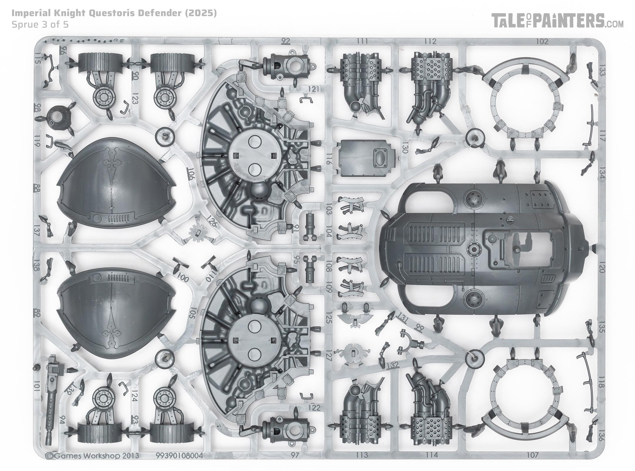 Plastic sprue 3 of 5 of the 2025 Imperial Knights Questoris Defender kit for Warhammer 40.000, on a white background