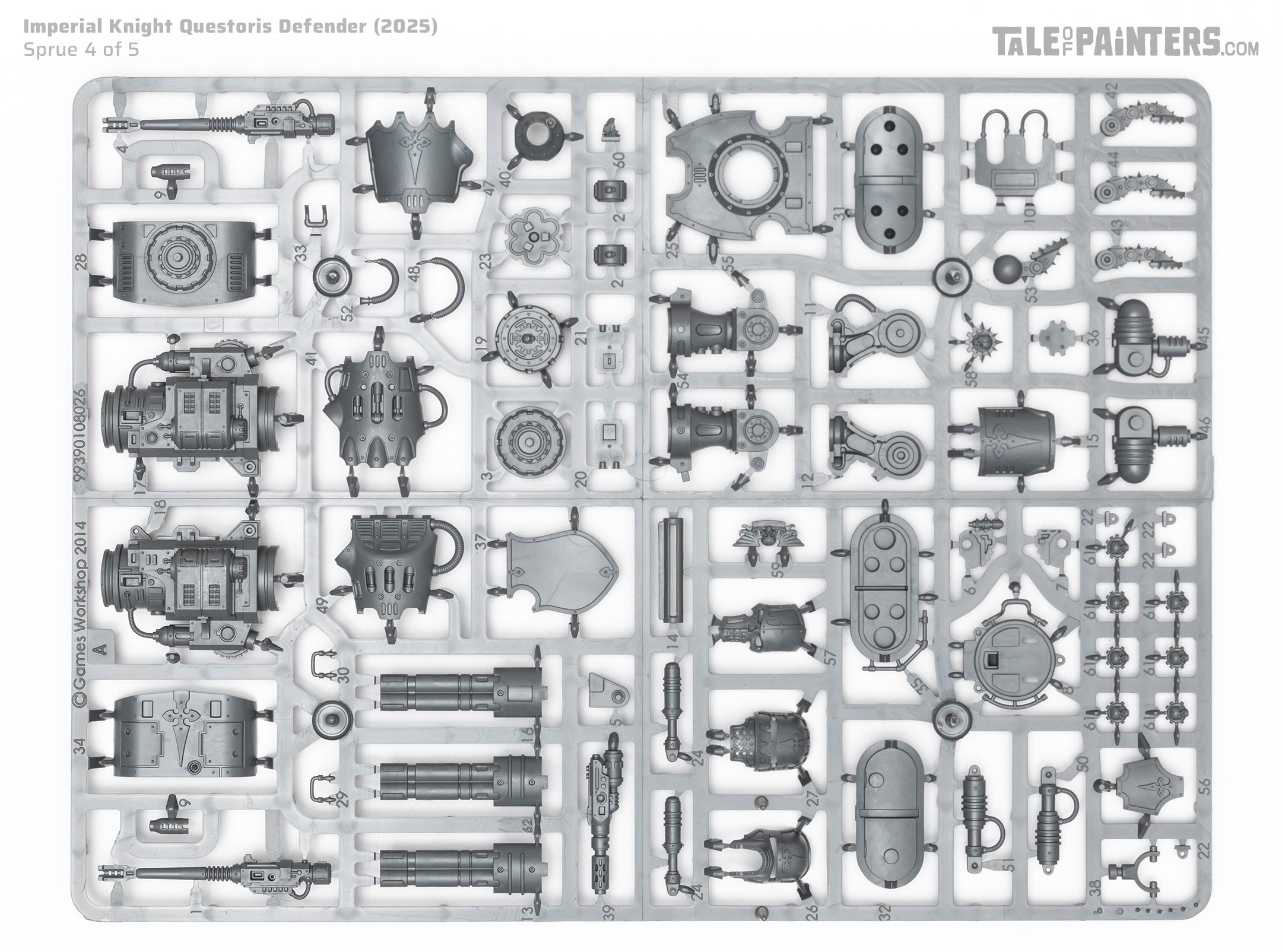 Plastic sprue 4 of 5 of the 2025 Imperial Knights Questoris Defender kit for Warhammer 40.000, on a white background