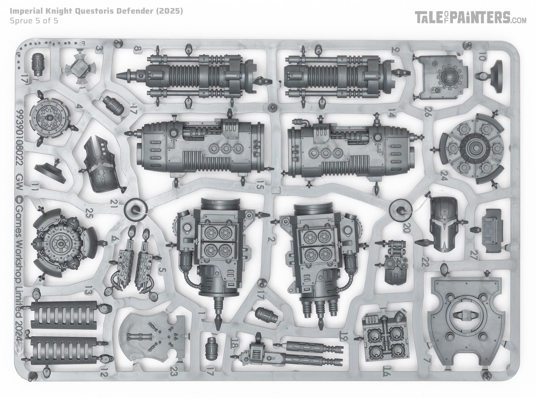 Plastic sprue 5 of 5 of the 2025 Imperial Knights Questoris Defender kit for Warhammer 40.000, on a white background
