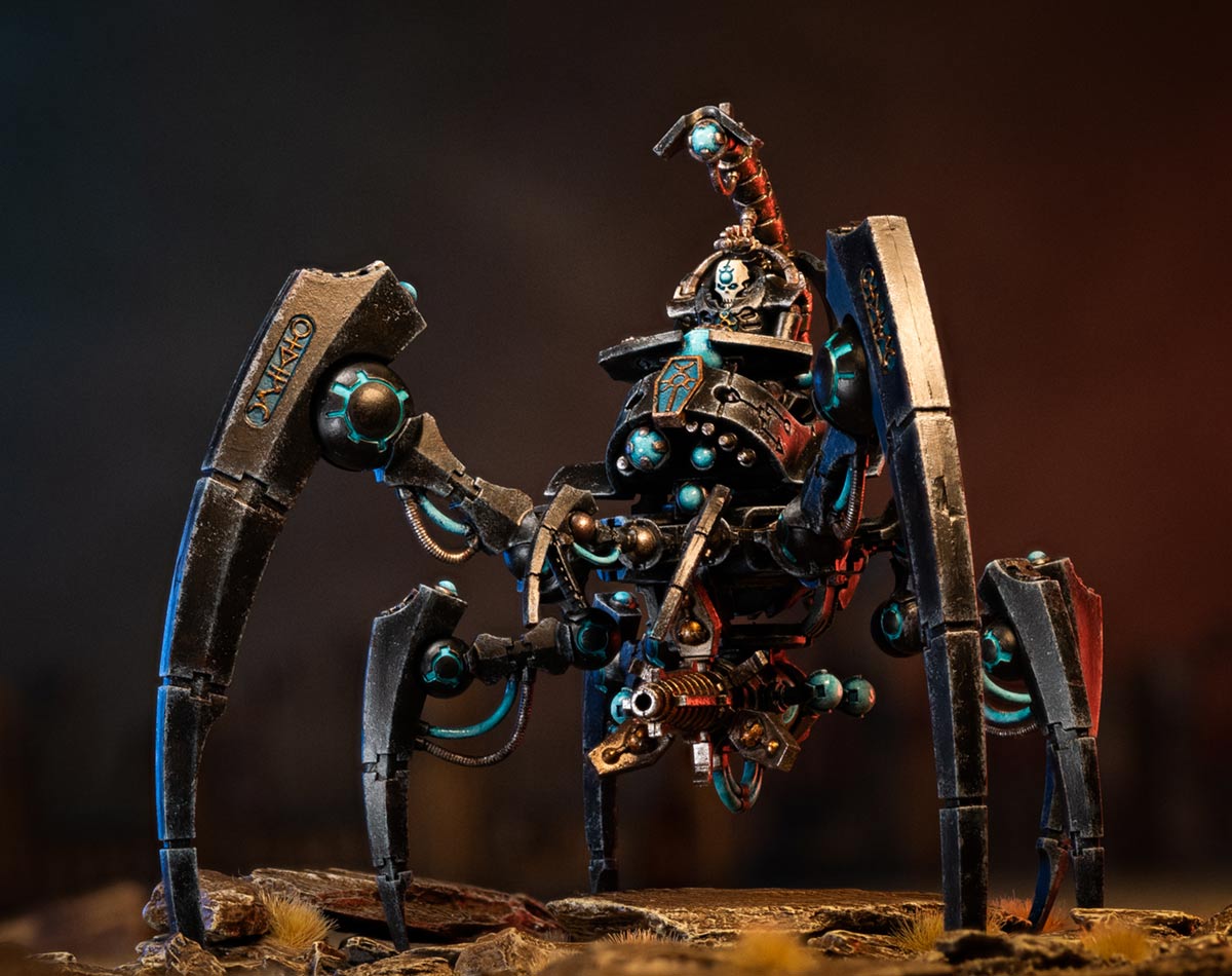 Cinematic shot of a Necrons Triarch Stalker miniature from the Nephusir Dynasty, in a dusky battlefield scene