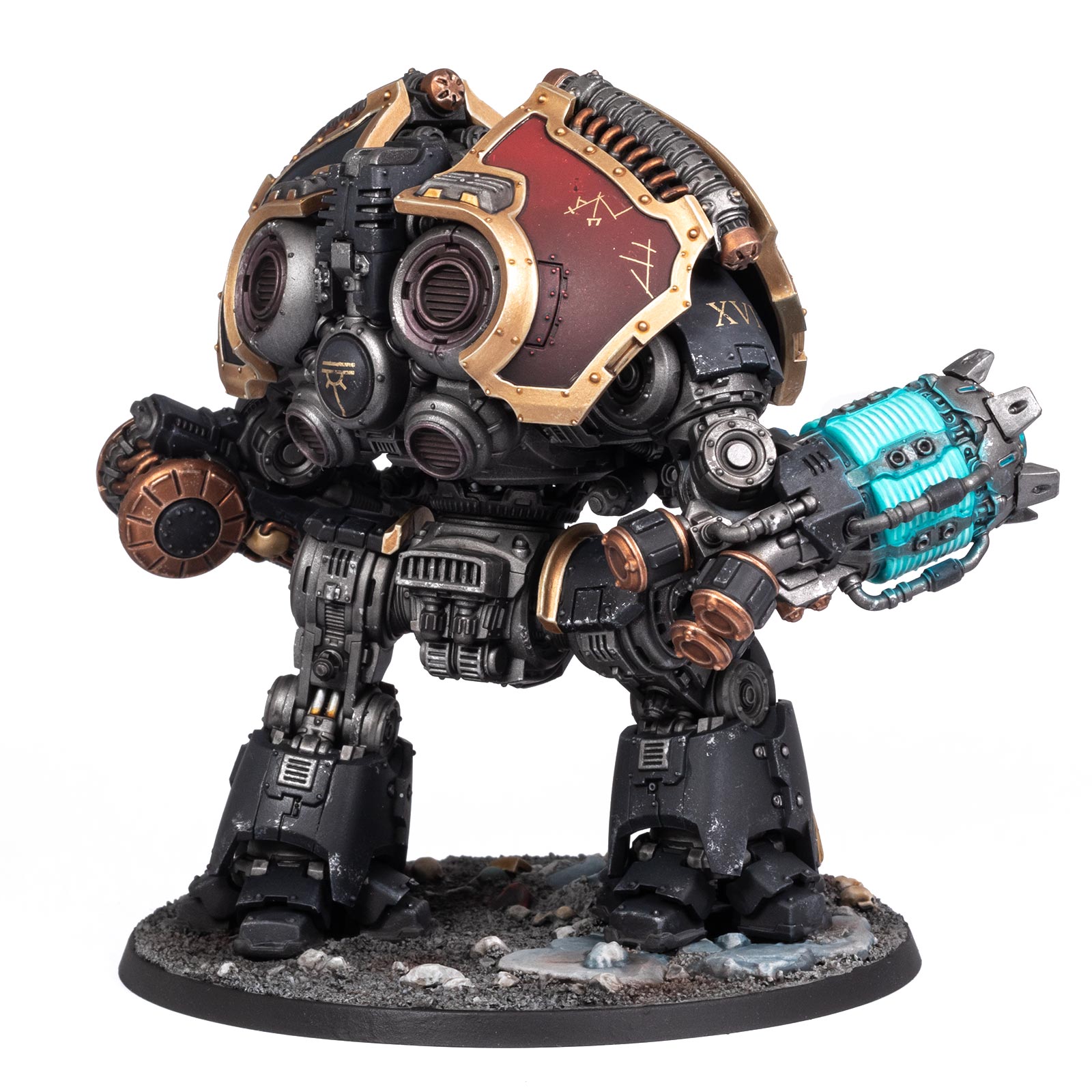 Back view of a Sons of Horus Saturnine Dreadnought painted by Stahly in the black and red of the 1st Company, on a clean white background