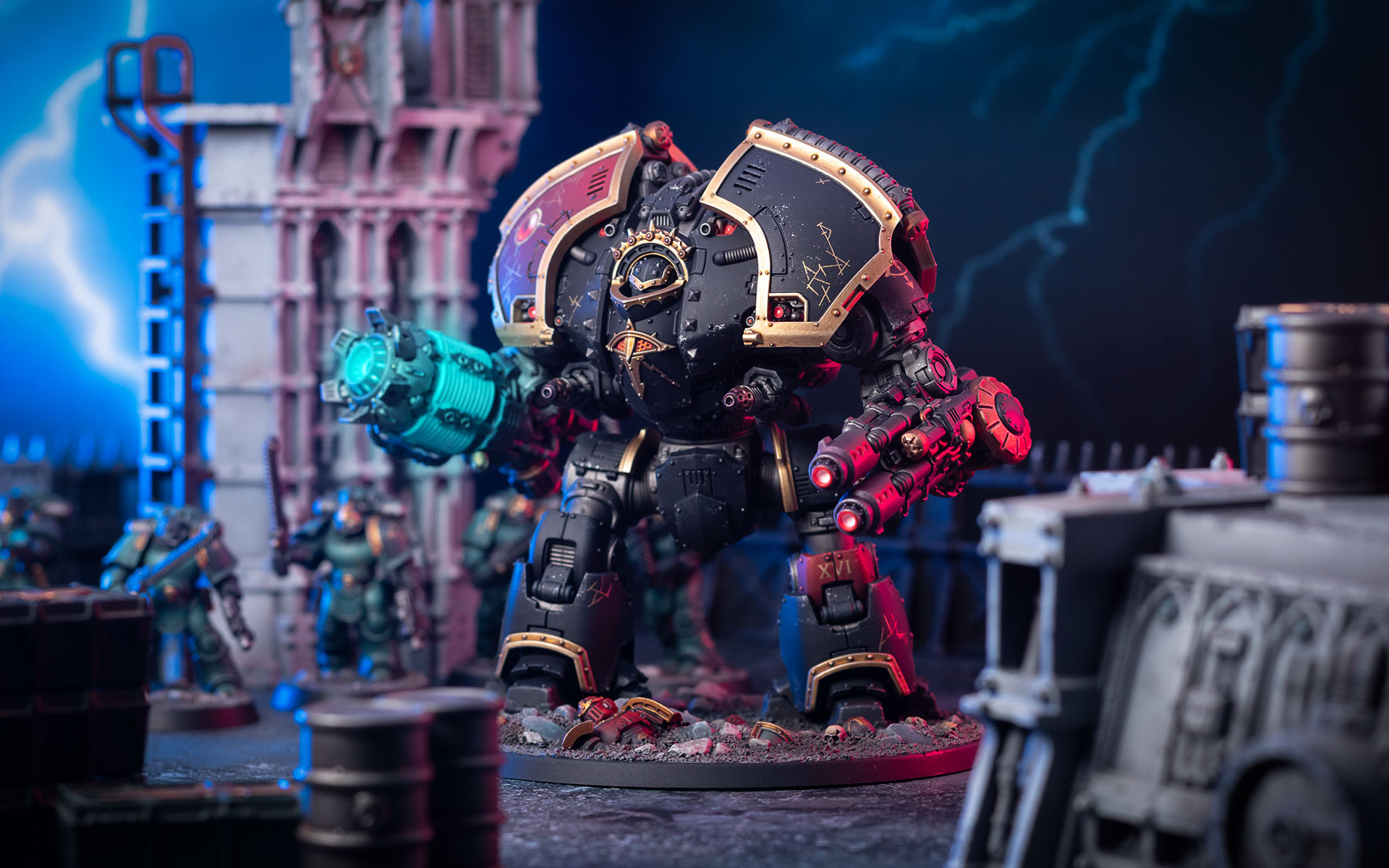 Cinematic battle shot of a Sons of Horus 1st Company Saturnine Dreadnought, framed by pale white Sector Fronteris terrain and a dramatic blue sky with lighting