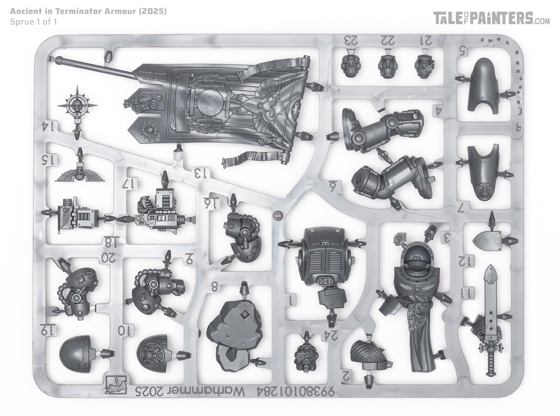 Space Marines Ancient in Termator Armour sprue, on a white background