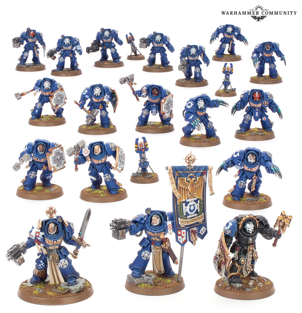All 18 Terminator models from the Crux Terminatus Space Marines Battleforce, painted as Ultramarines, on a white background