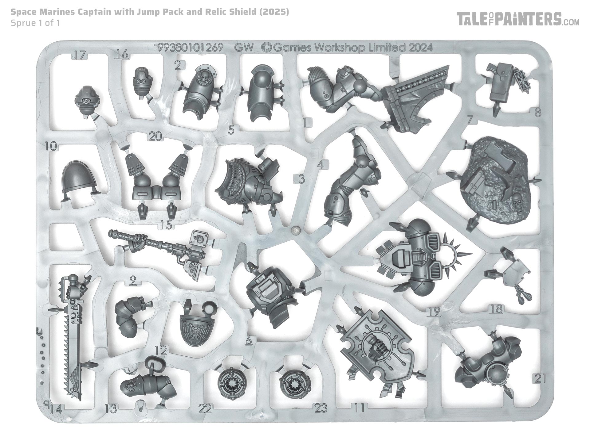 Space Marines Primaris Captain with Jump Pack and Relic Shield plastic sprue on a white background