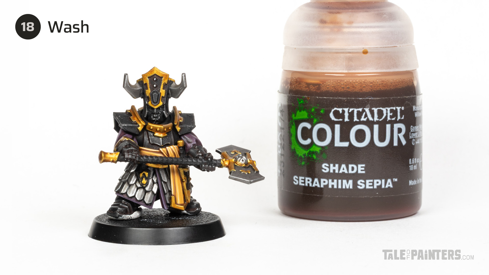 Painting step 18 of Stahly's Helsmiths of Hashut tutorial for painting Infernal Cohort in the yellow and black of Muspelzhaar