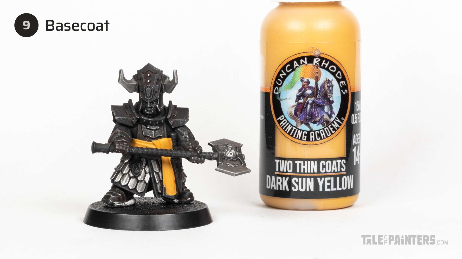 Painting step 9 of Stahly's Helsmiths of Hashut tutorial for painting Infernal Cohort in the yellow and black of Muspelzhaar