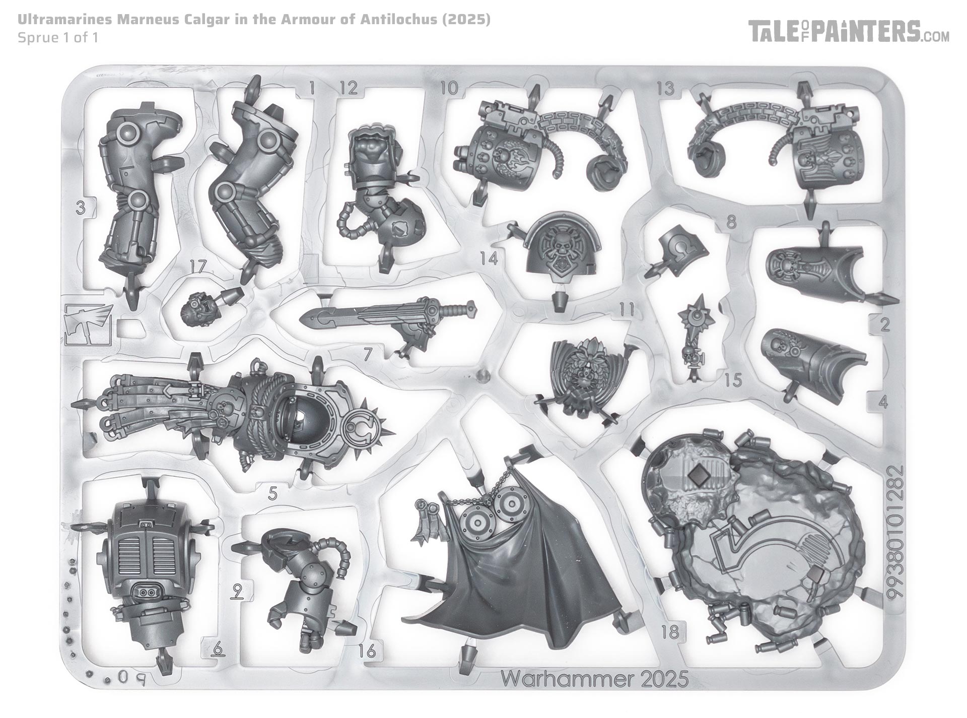 Marneus Calgar in Armour on Antilochus model kit sprue on white background