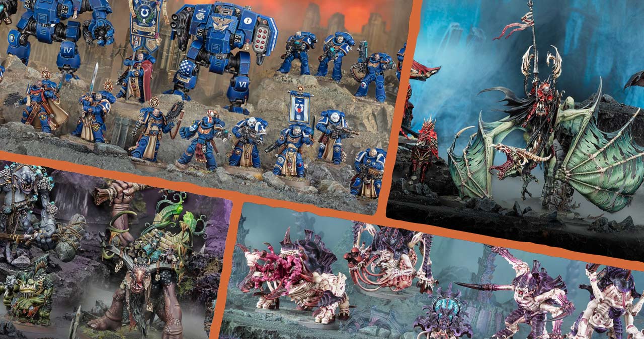 A montage of four product shows of various 2025 Christmas Warhammer Battleforces