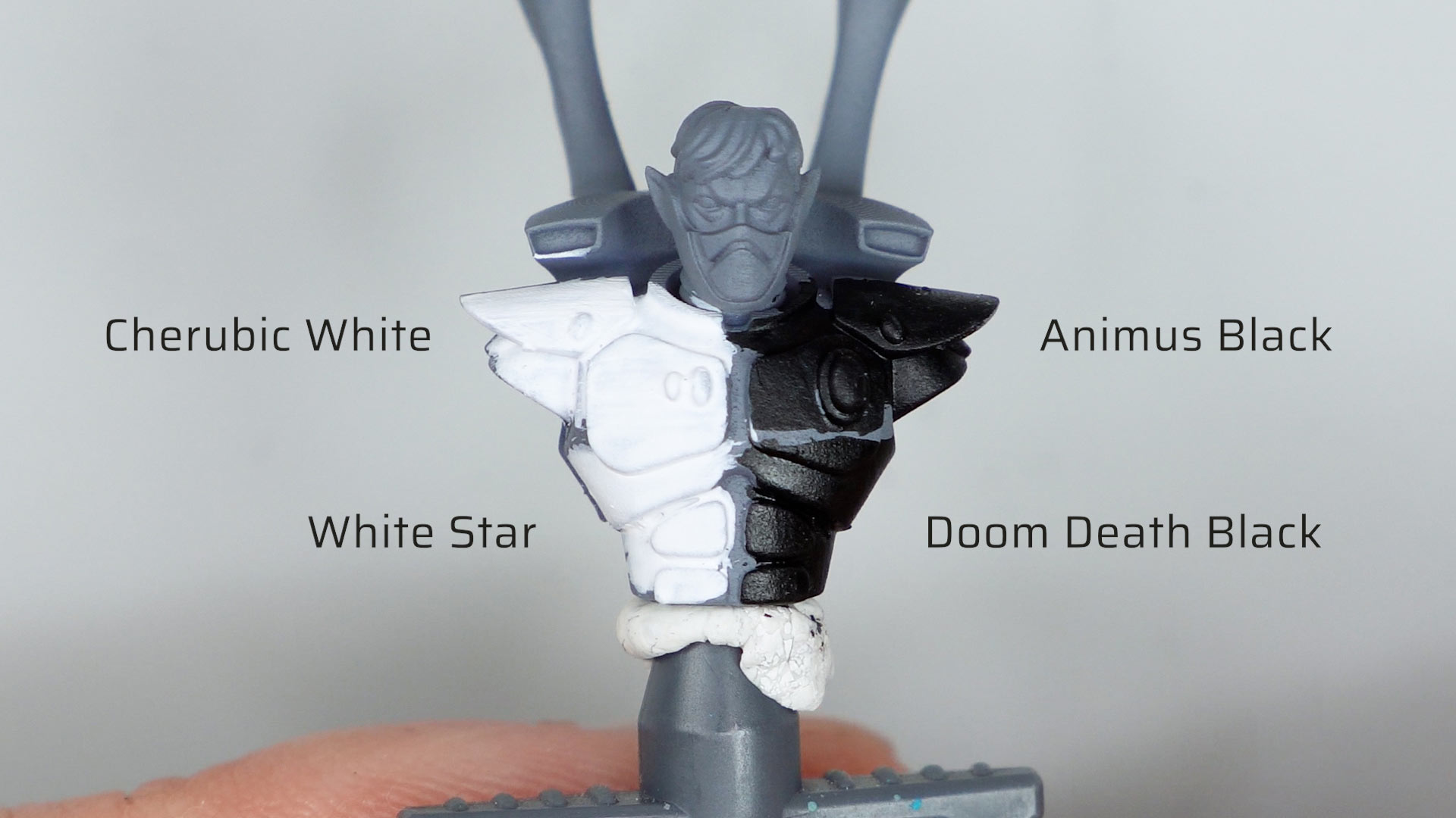 An Aeldari Guardian torso, left half painted with Two Thin Coats and Dark Arts whites, right half painted with black paints