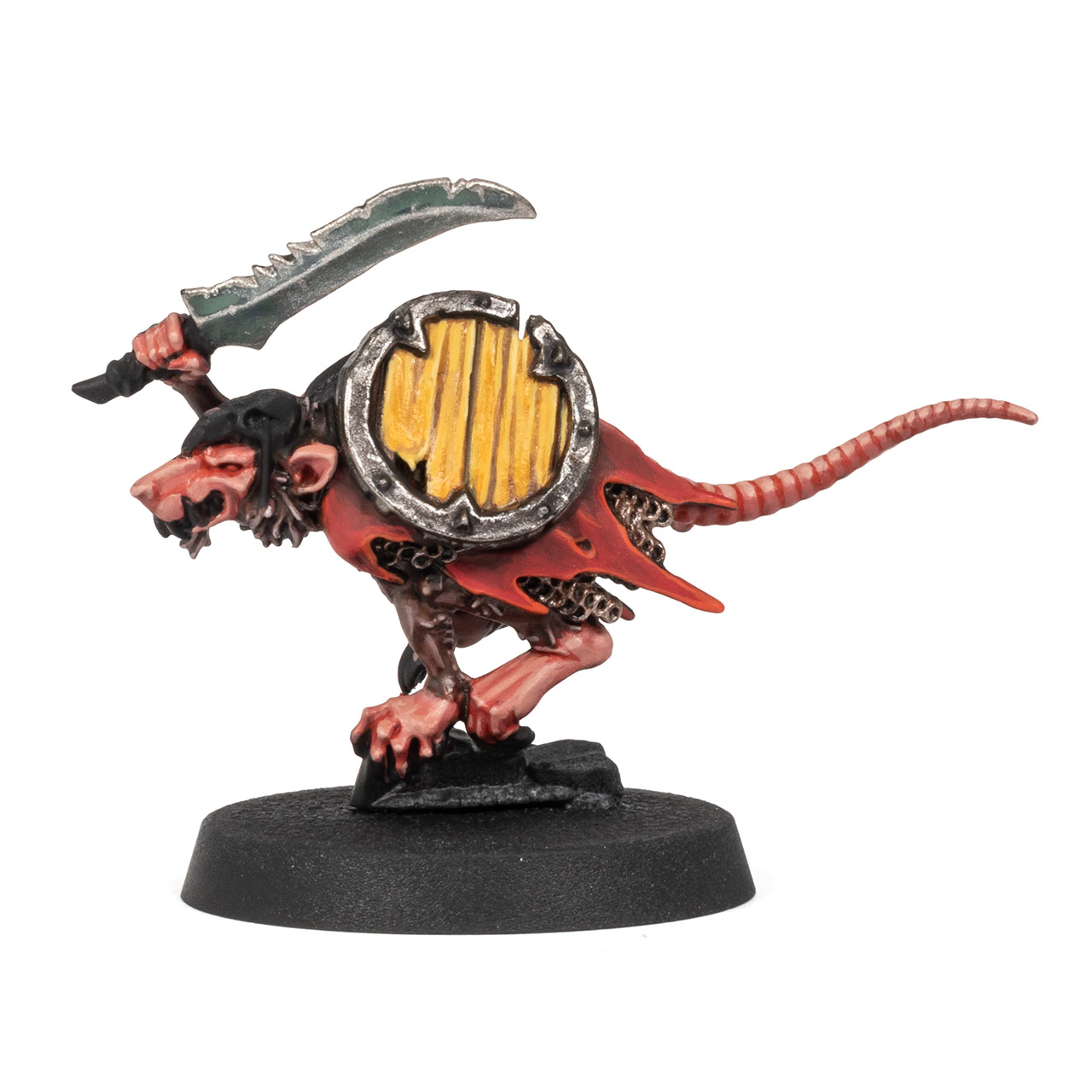Skaven Clanrat painted with red, ochre, brown, and metallic colours from the Two Thin Coats Dark Arts range, on a white background