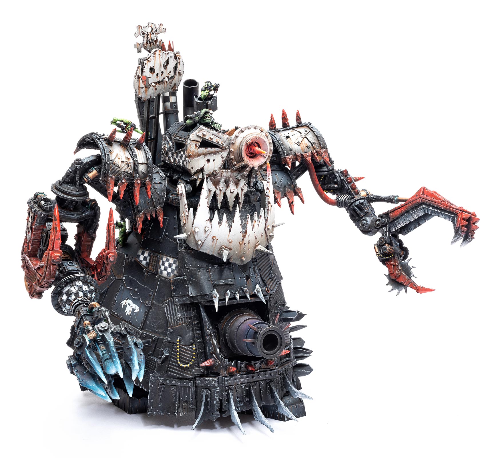 Front side angle shot of an Goff Ork Stompa on a white background, painted beautifully by Dunk