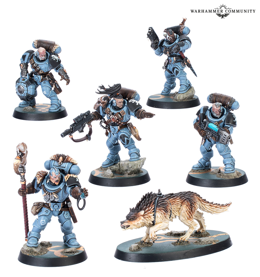 Space Wolves Wolf Scouts Kill Team painted by the 'Eavy Metal team on a white background