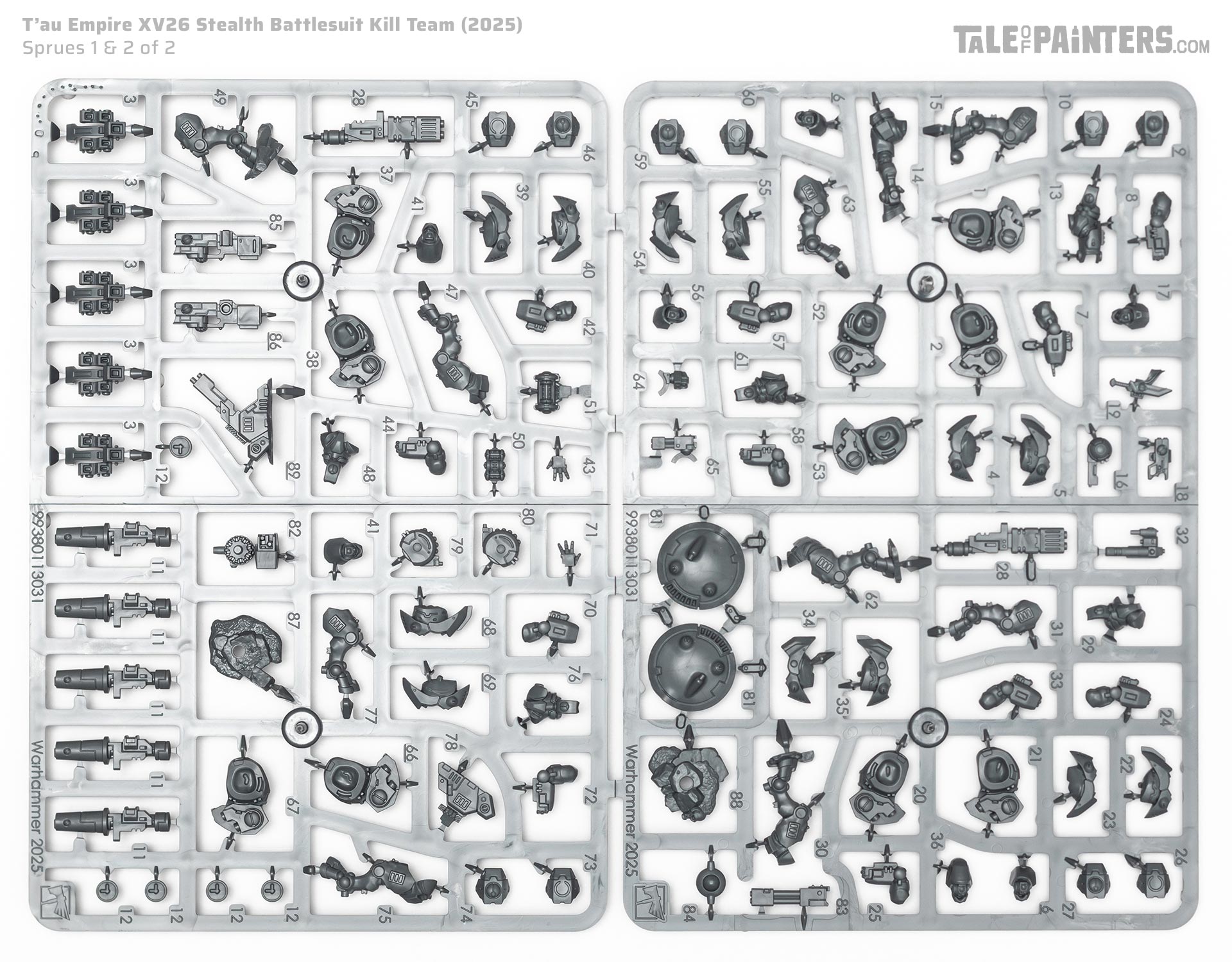 T'au Empire XV26 Stealth Battlesuits Kill Team sprues photographed on a white background for a review and unboxing