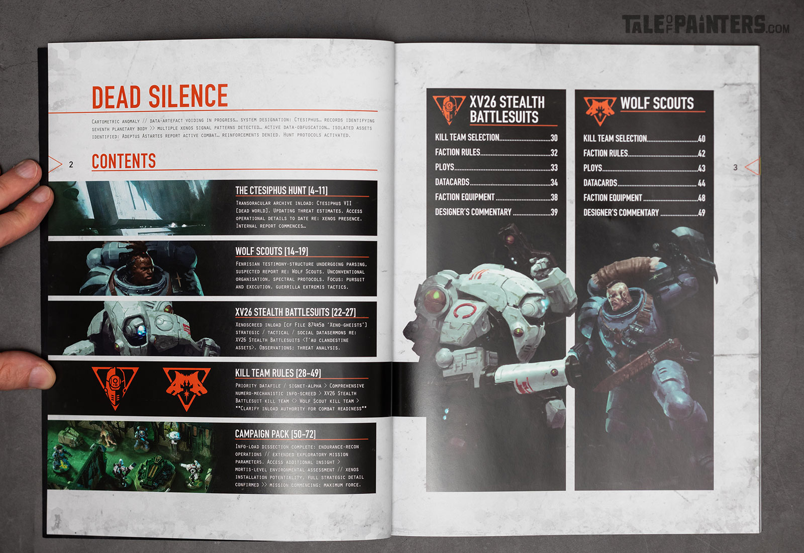 Contents page spread of the Kill Team: Dead Silence dossier rulebook