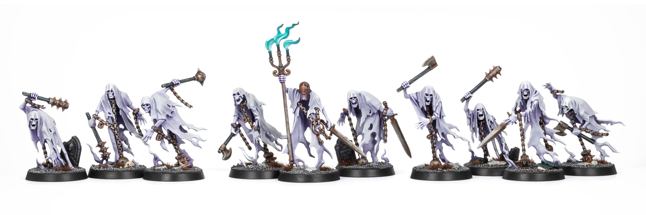 A unit of 10 painted Chainrasps model in a purple-grey paint scheme, painted by Stahly, on a white background