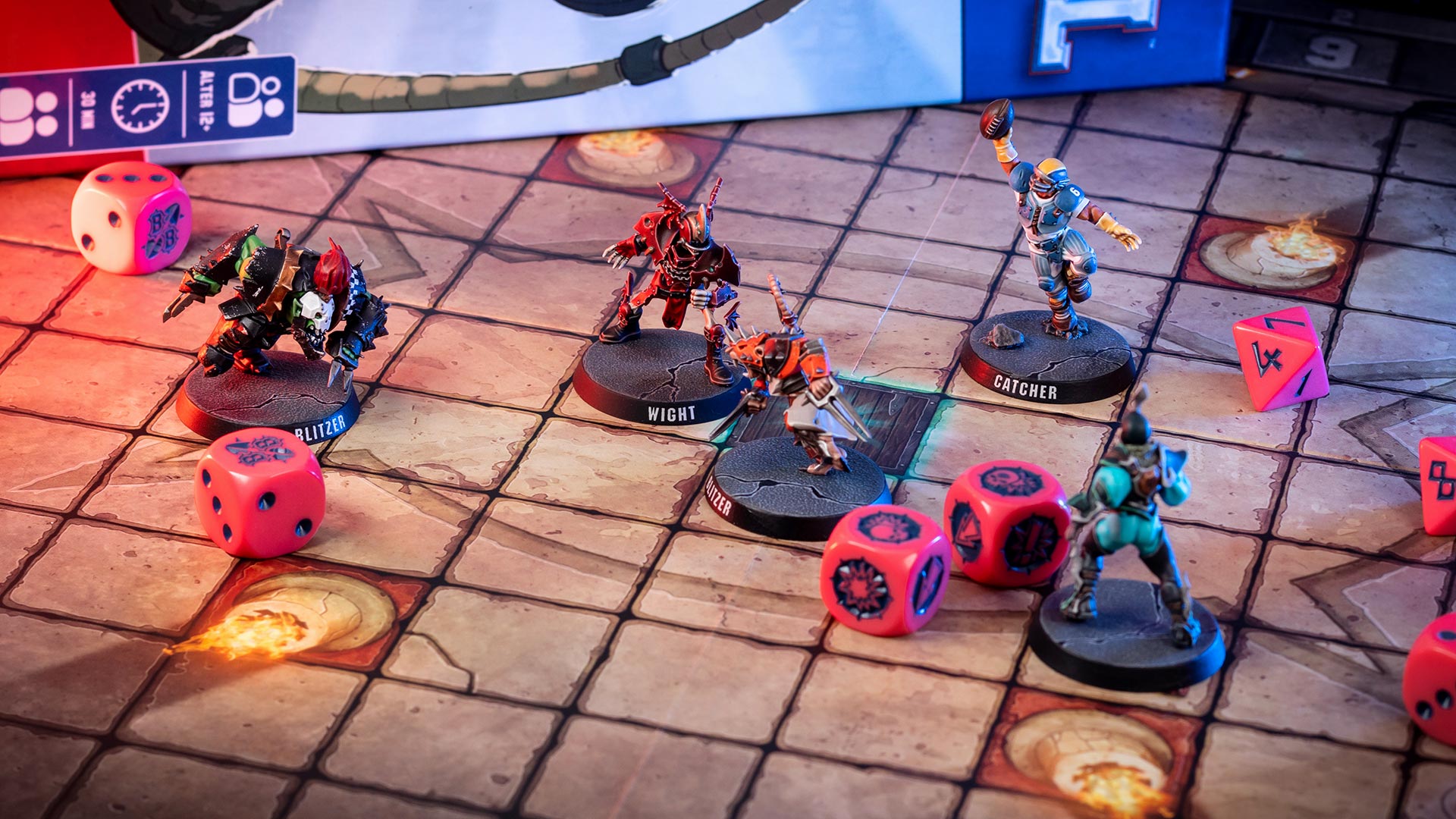 Scenic shot of a Blitz Bowl gaming board filled with various players and dice