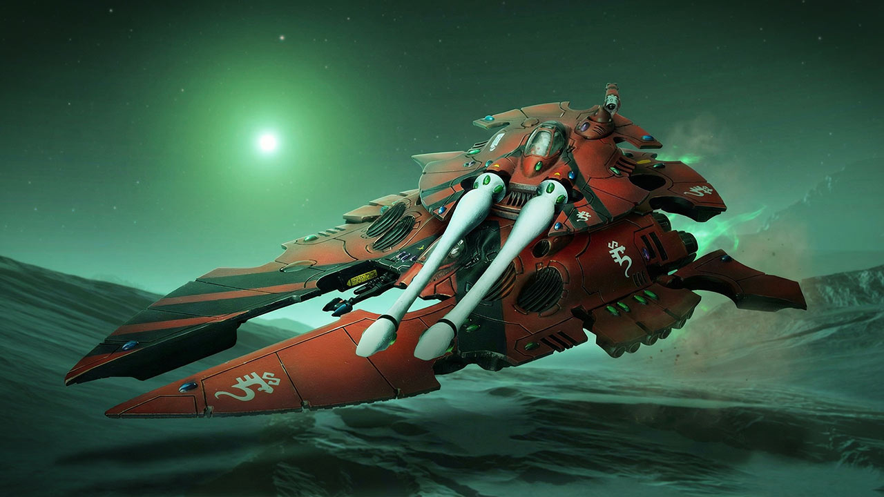 Cinematic shot of a red Scorpion Grav Tank from Crafworld Saim-Hann, floating over a green planetscape lit by a green sun
