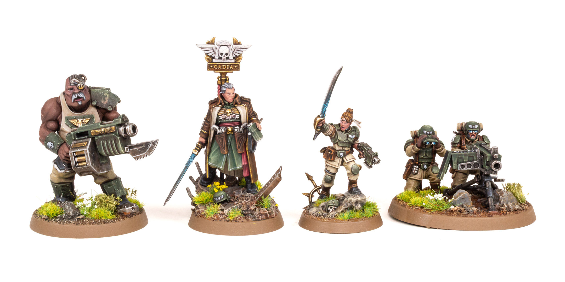 A Cadian Ogryn, Ursula Creed, Minka Lesk, and a Cadian Heavy Weapon team, painted by Dunk, on a white background