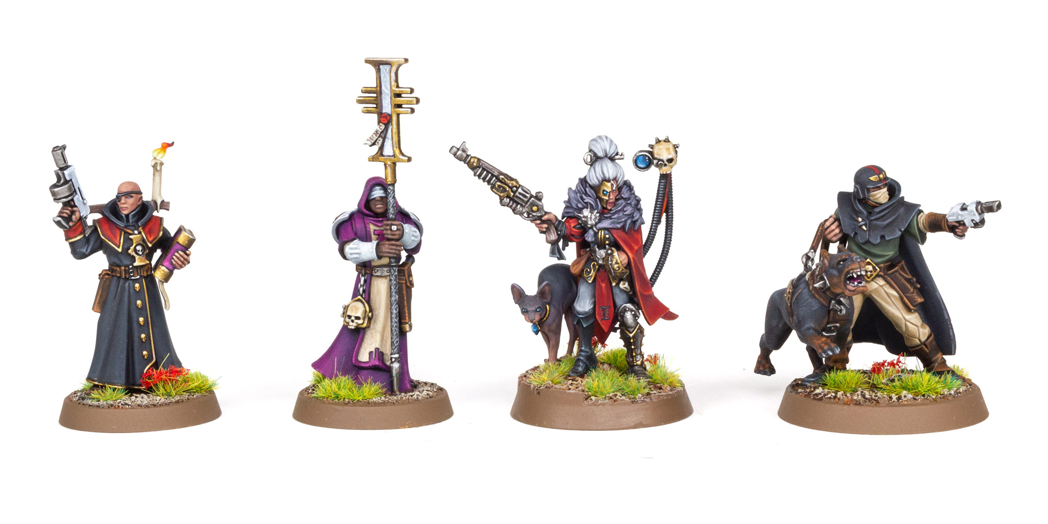 Four kitbashed Inquisitorial Agents for Kill Team, painted by Dunk, on a white background