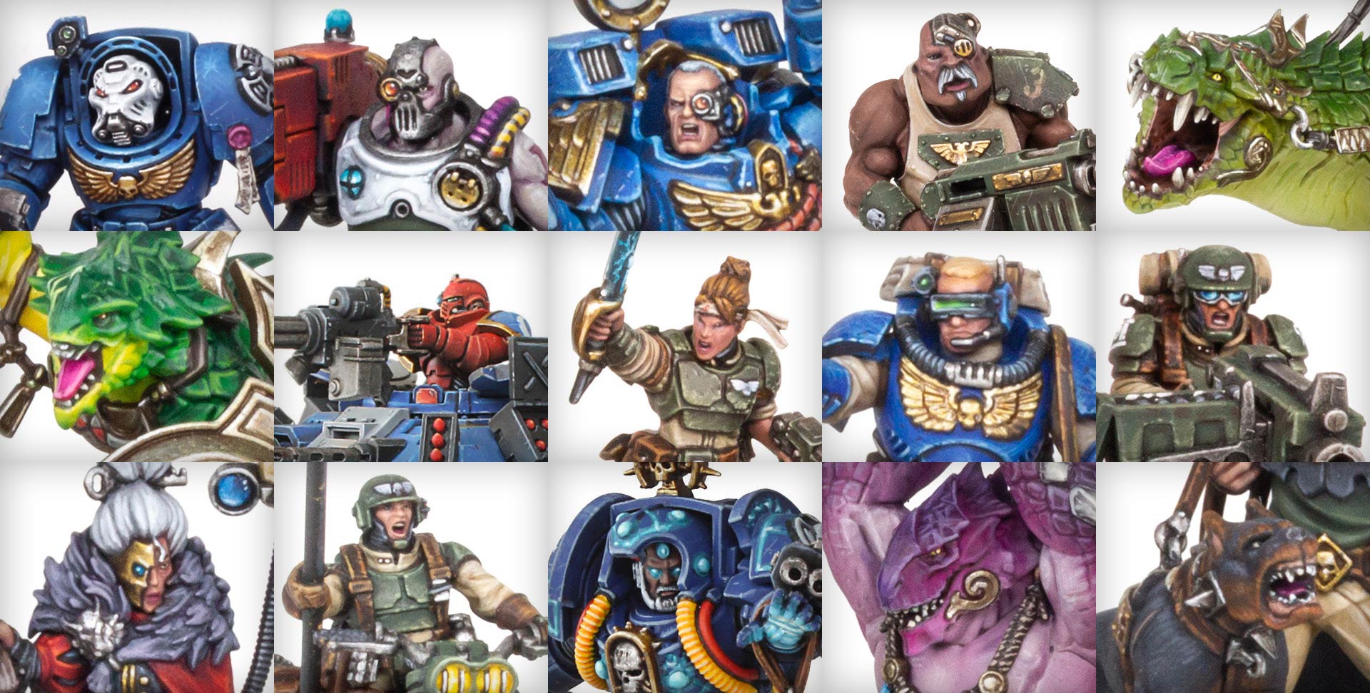 Collage of multiple Warhammer miniatures painted by Dunk in little square tiles, amongst them Ultramarines, Cadians, and Seraphon