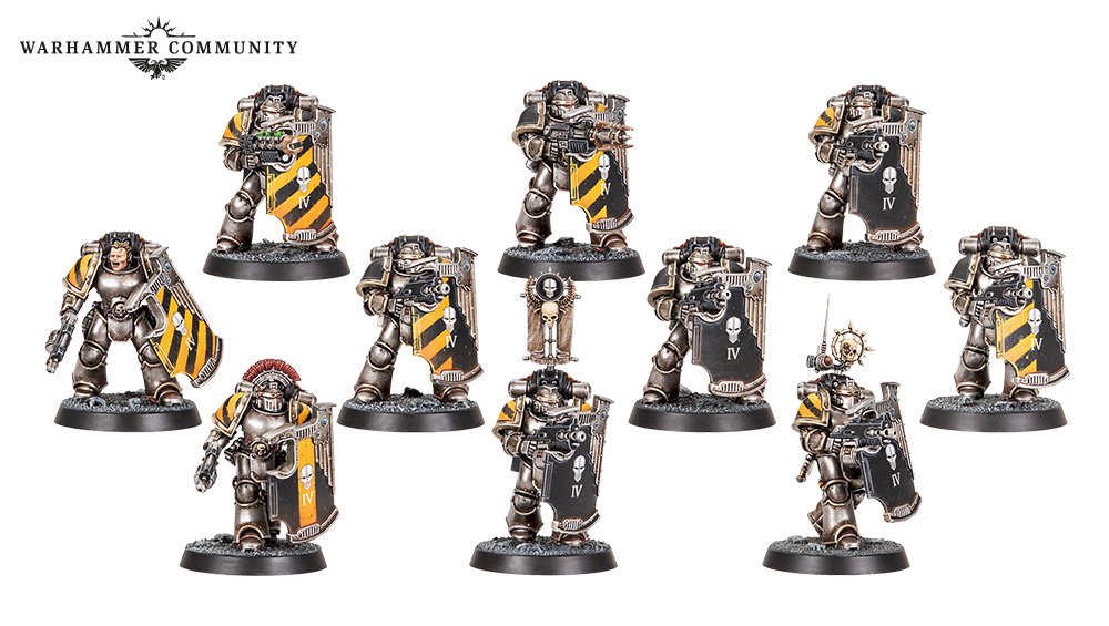 10 Horus Heresy Breachers in plastic, painted as Iron Warriors, on a white background