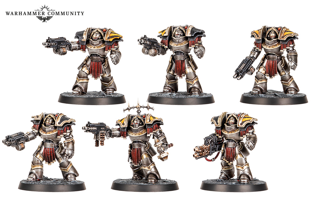 A six-model squad of new Cataphractii Terminator sculpts with combi-bolters and power fists, painted as Iron Warriors by the 'eavy Metal team