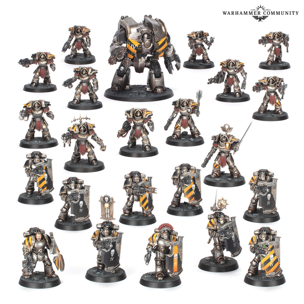 All the 23 miniatures of the Legiones Astartes Siege Assault Battle Group, painted as Iron Warriors, arranged on a white background