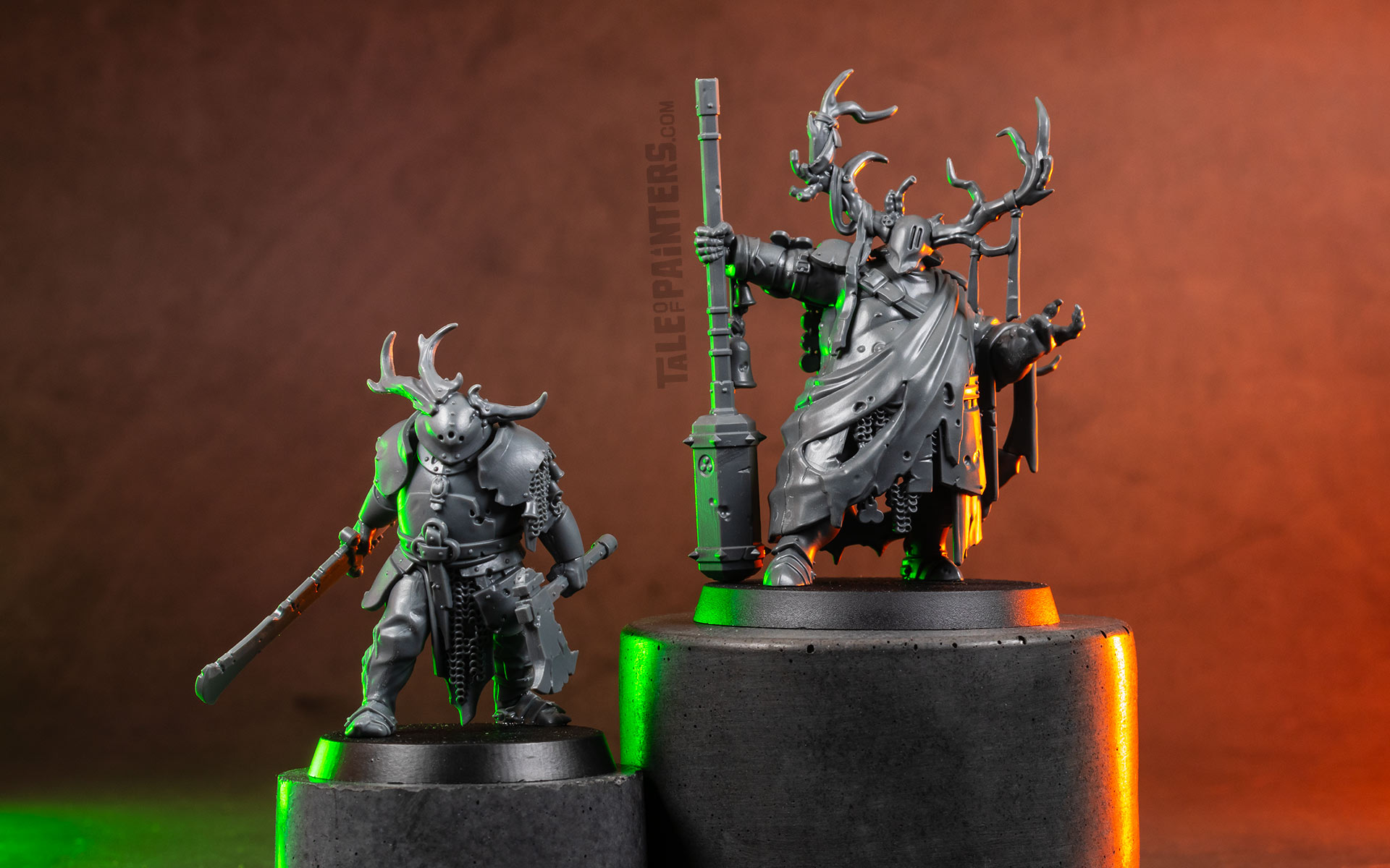 A Maggotkin of Nurgle Rotsword and Putrid Blightking model, unpainted, on concrete plinths, lit with green and orange light