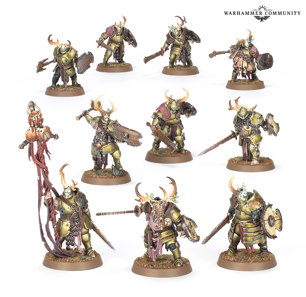 A unit of 10 Maggotkin of Nurlge Rotswords models painted by the 'eavy Metal team, on a white background