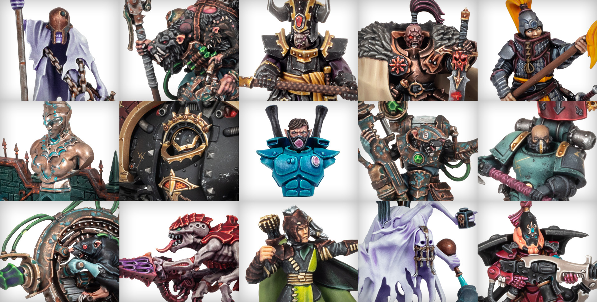 Collage of multiple Warhammer miniatures painted by Stahly in little square tiles