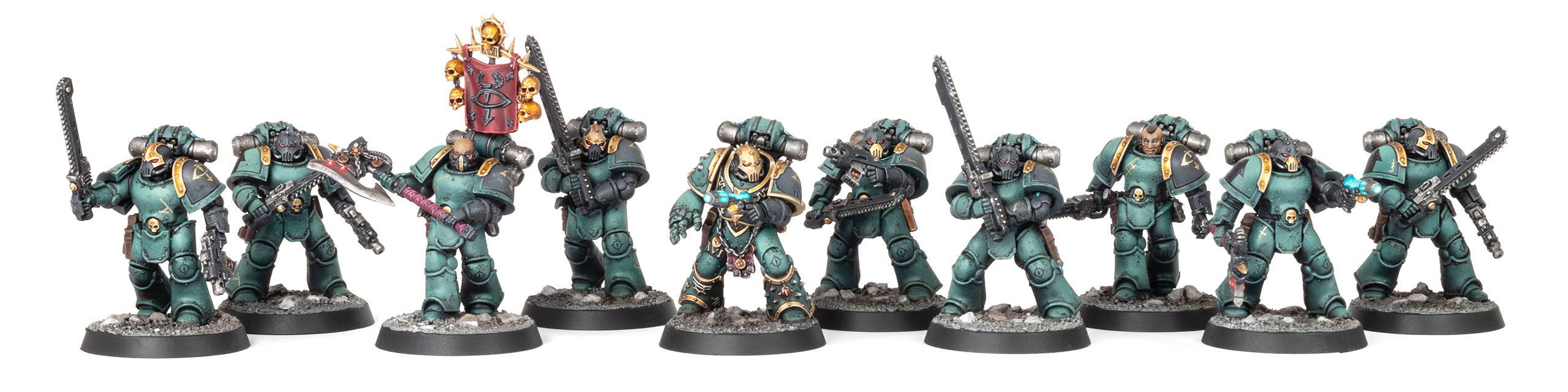 10 Sons of Horus Despoiler Inductii in MkIII armour, painted by Stahly, on a white background