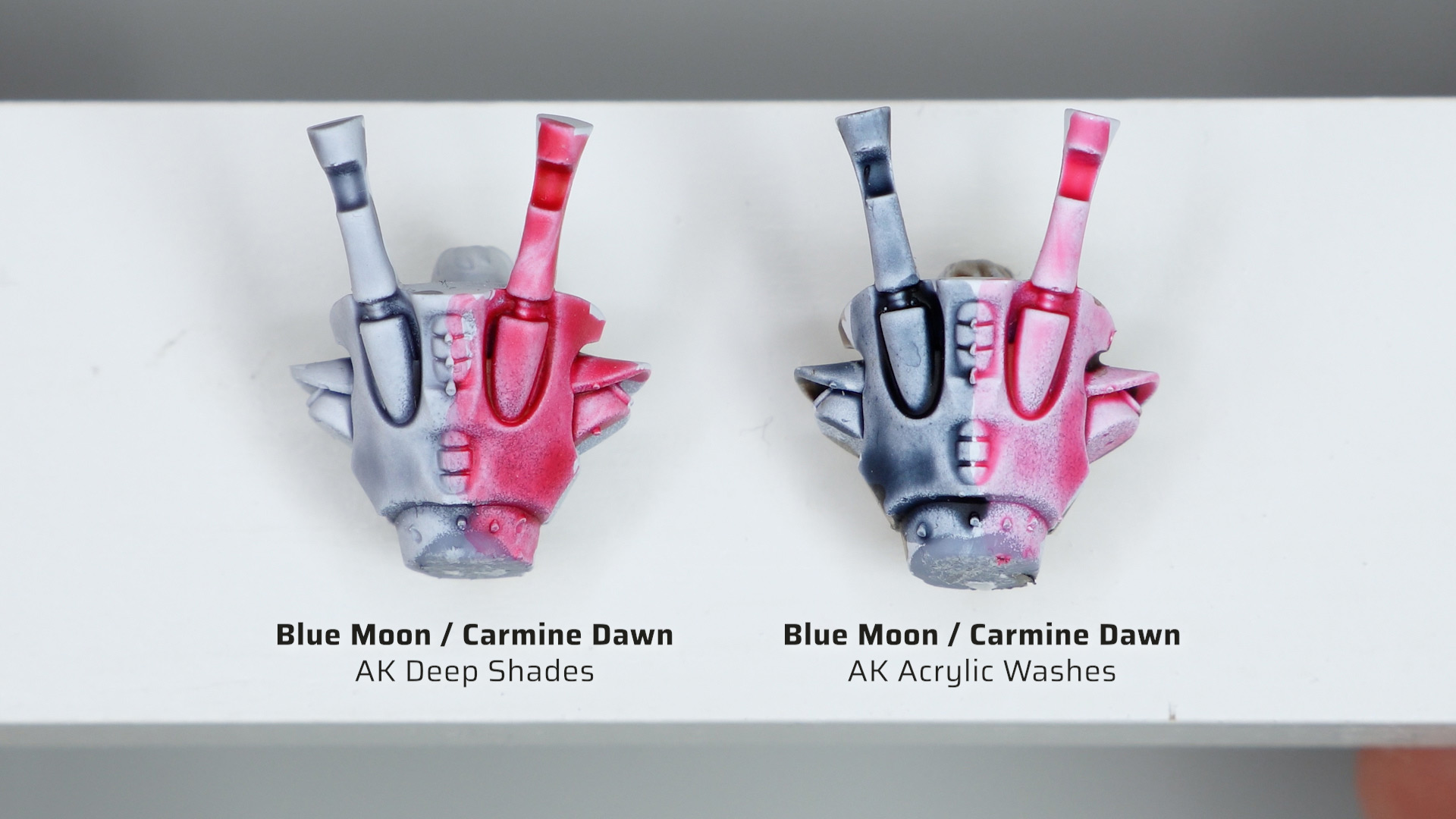 Comparison of Blue Moon and Carmine Dawn wash from both AK's old Deep Shades washes, and AK's new acrylic washes
