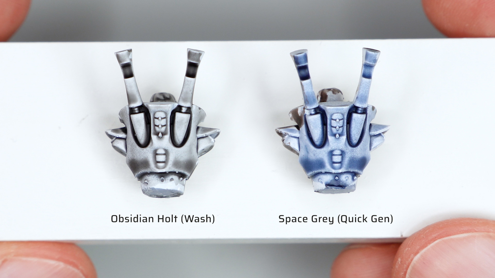 Comparison of AK Obsidian Holt wash and Quick Gen Space Grey, both applied over white primed Aeldari Guardian test models