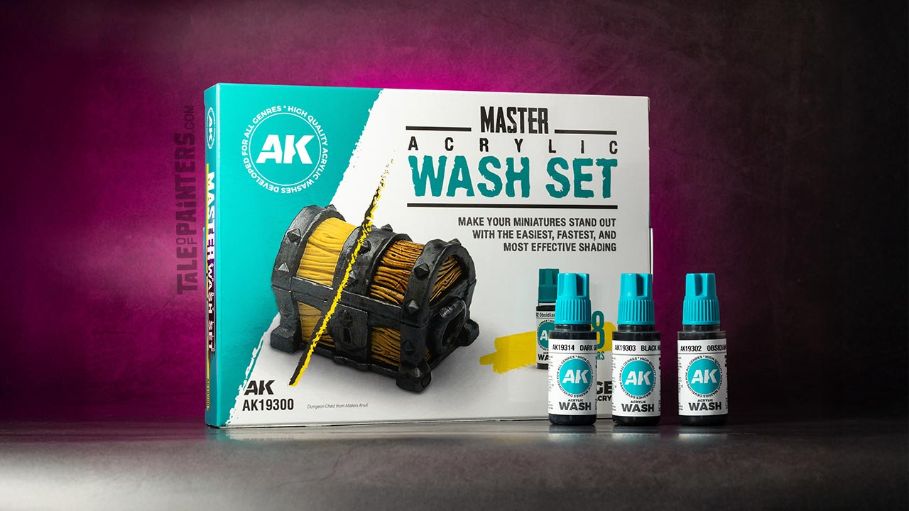AK Master Acrylic Wash Set box arranged with three paint bottles, on a concrete background lit with pinkt light, taken for review purposes