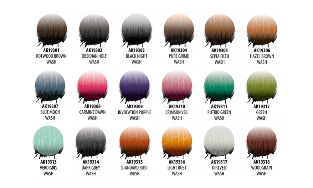 Colour swatch of all 18 acrylic washes from AK, on a white background