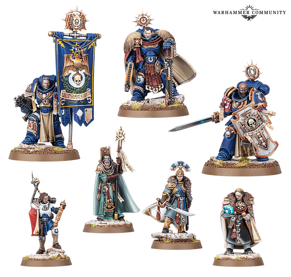 All seven models of the Captain Titus & the Wardens of Ultramar set painted by the Eavy Metal team, on white