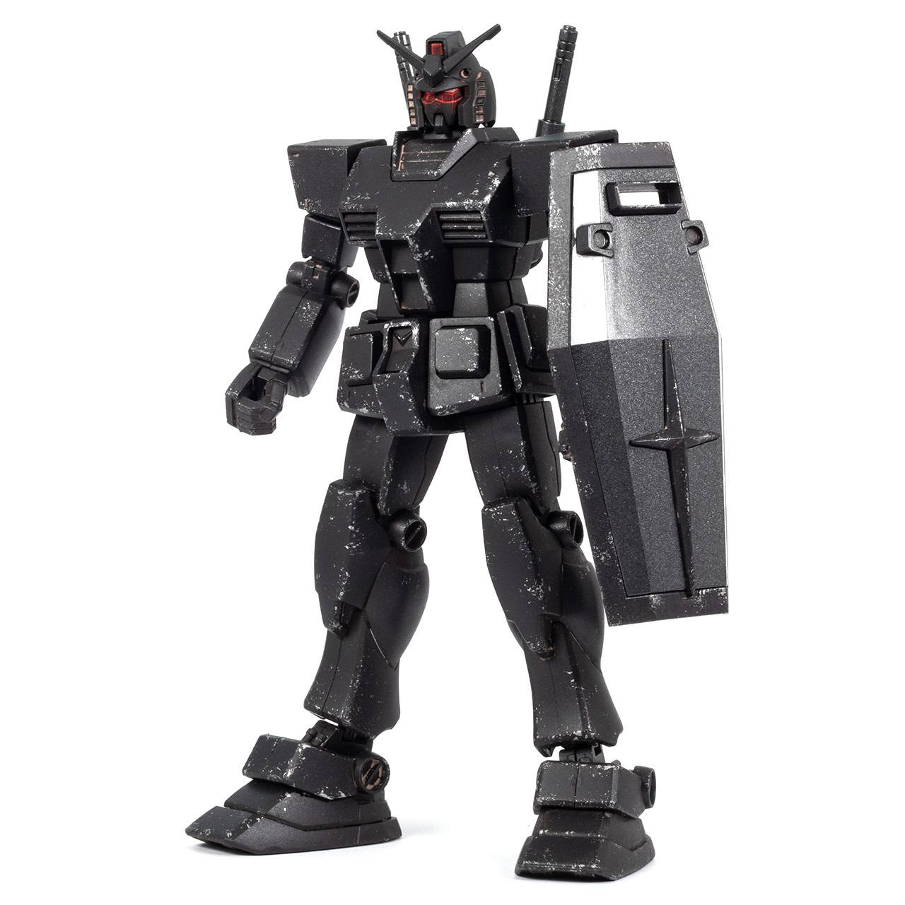 Gundam RX-78-2 HQ Ecopla black model kit with weathering, idle standing pose with shield, on white background