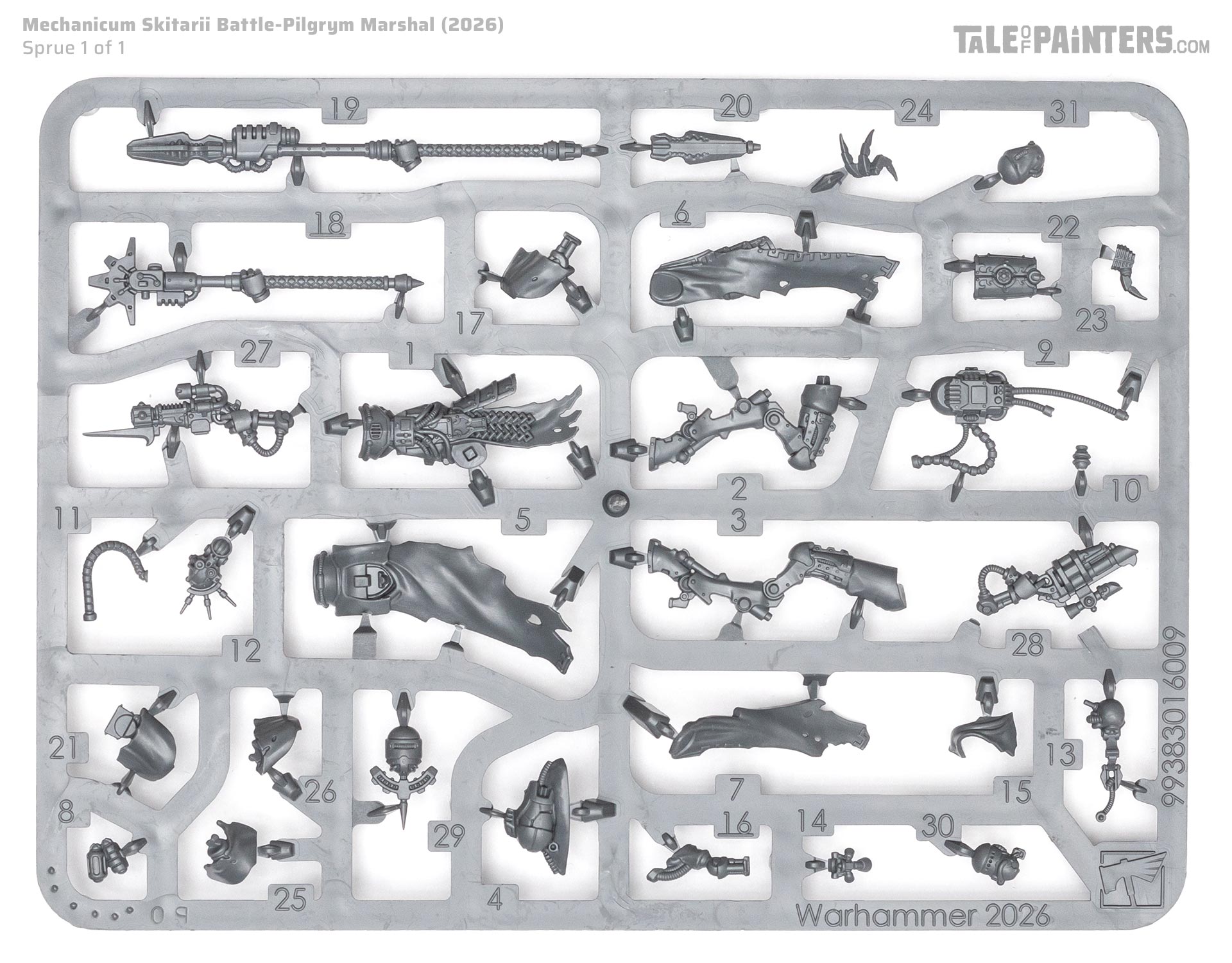 Mechanicum Skitarii Battle-Pilgrym Marshal model kit sprue on white background